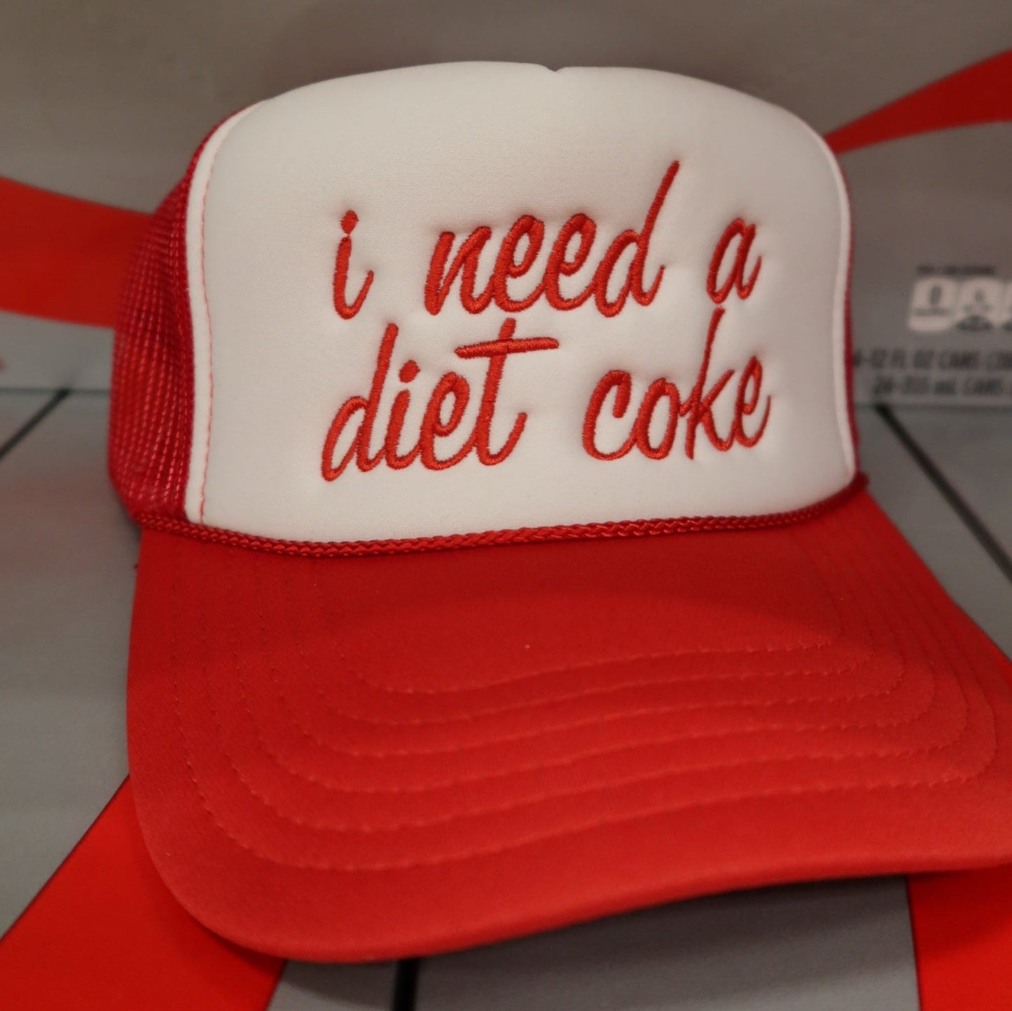 I Need a Diet Coke Embroidered Red/White Trucker Hat