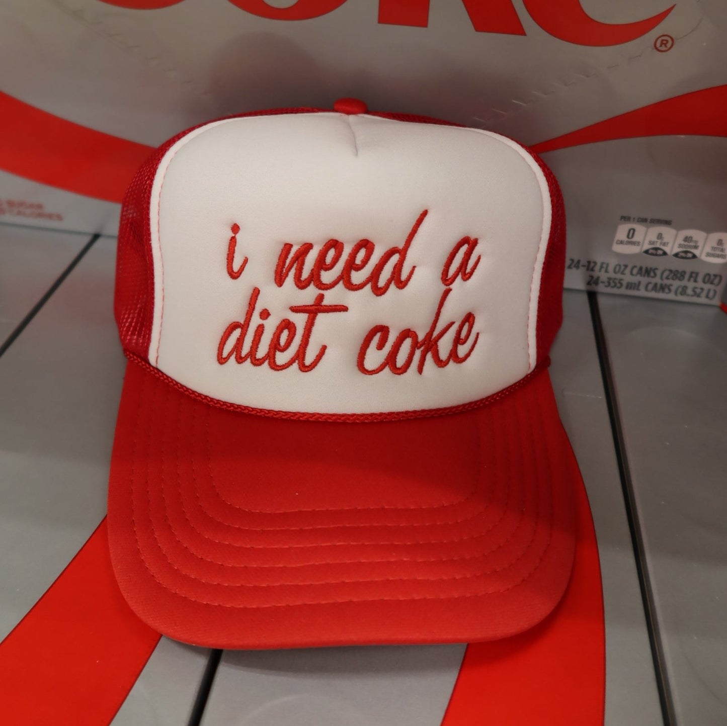 I Need a Diet Coke Embroidered Red/White Trucker Hat