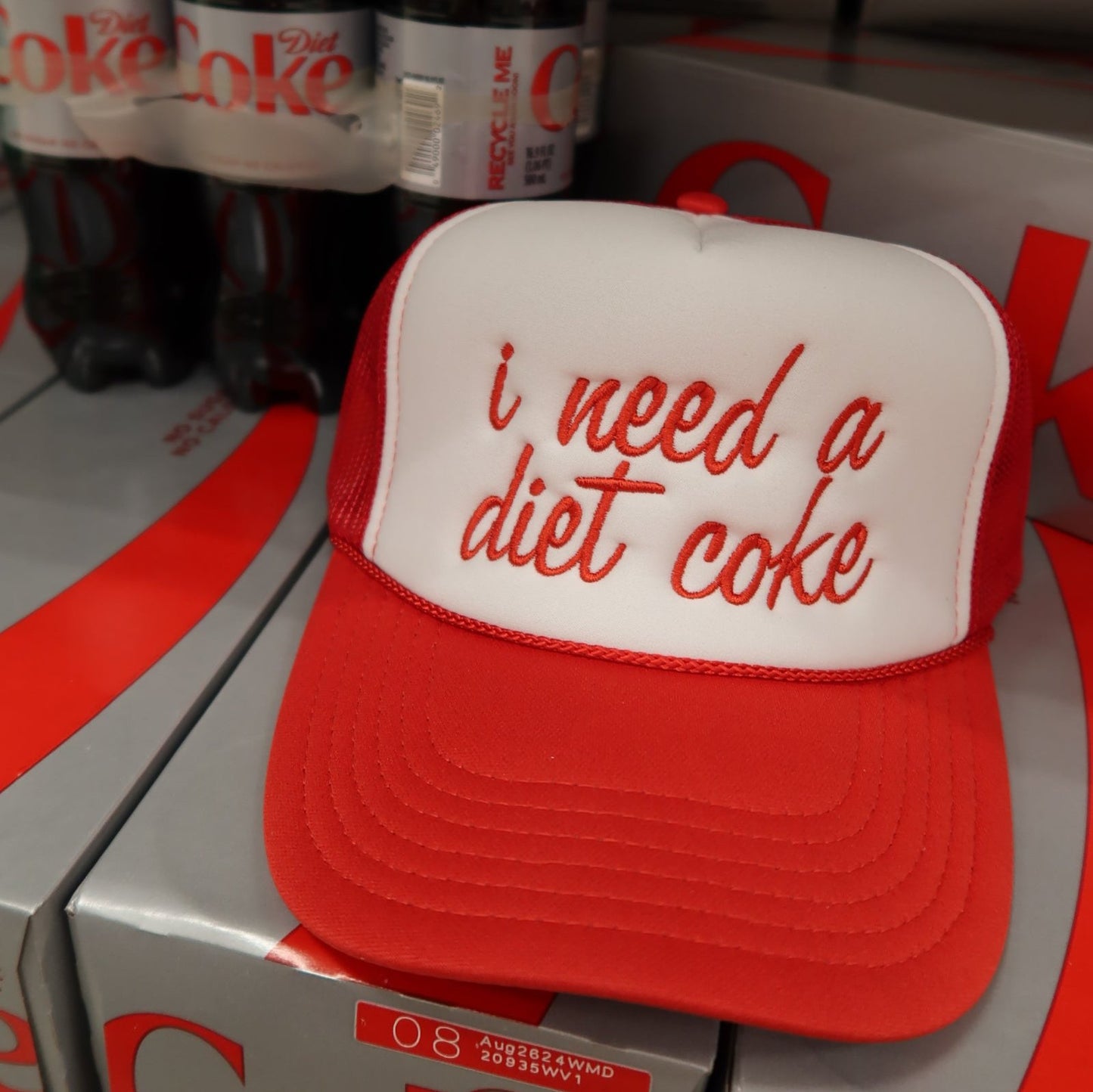 I Need a Diet Coke Embroidered Red/White Trucker Hat