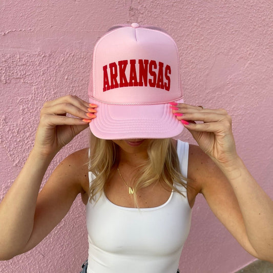 Arkansas Puff Print Soft Pink Trucker Hat