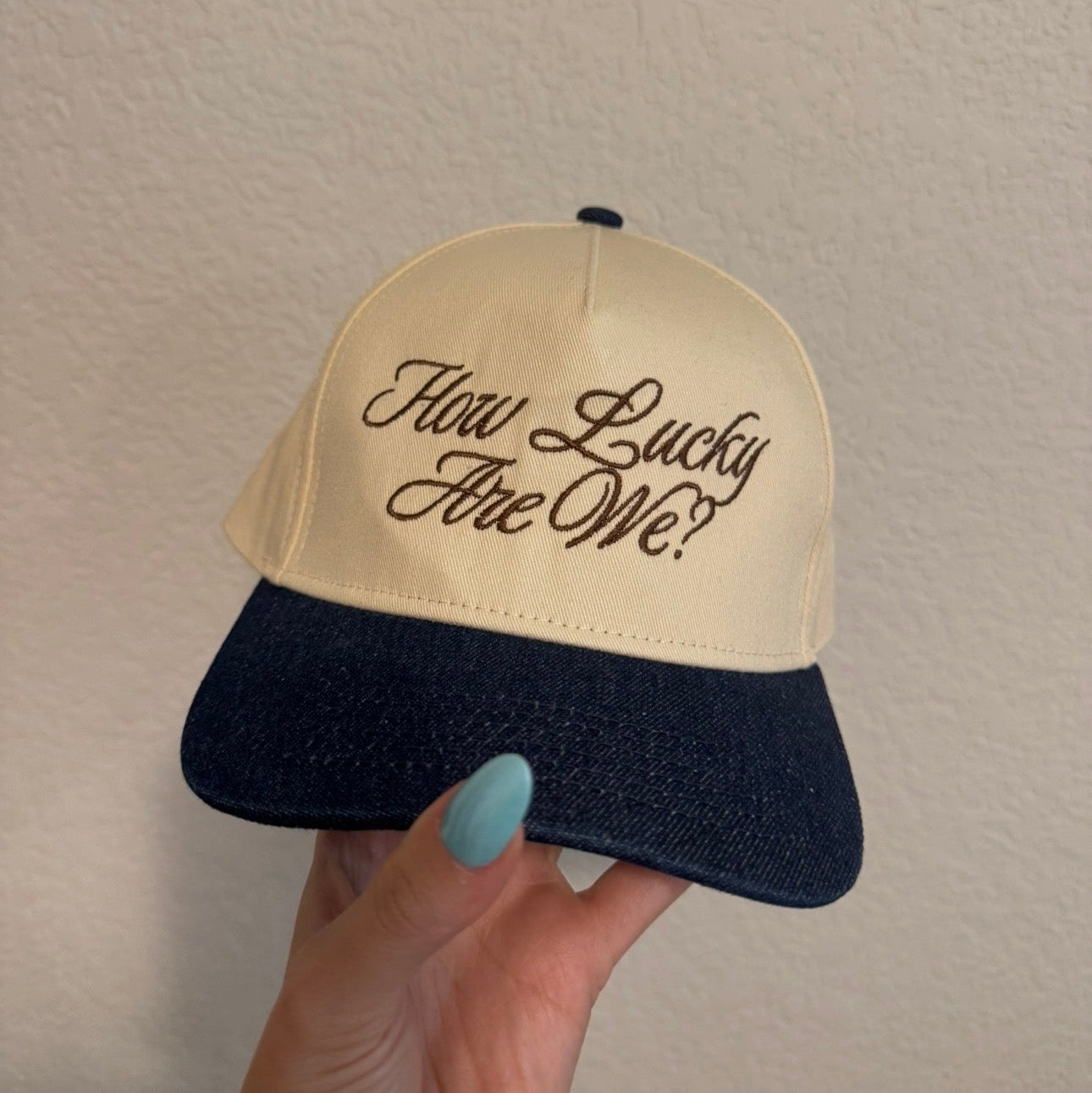 How Lucky Are We? Denim Vintage Trucker Hat (Overstock)