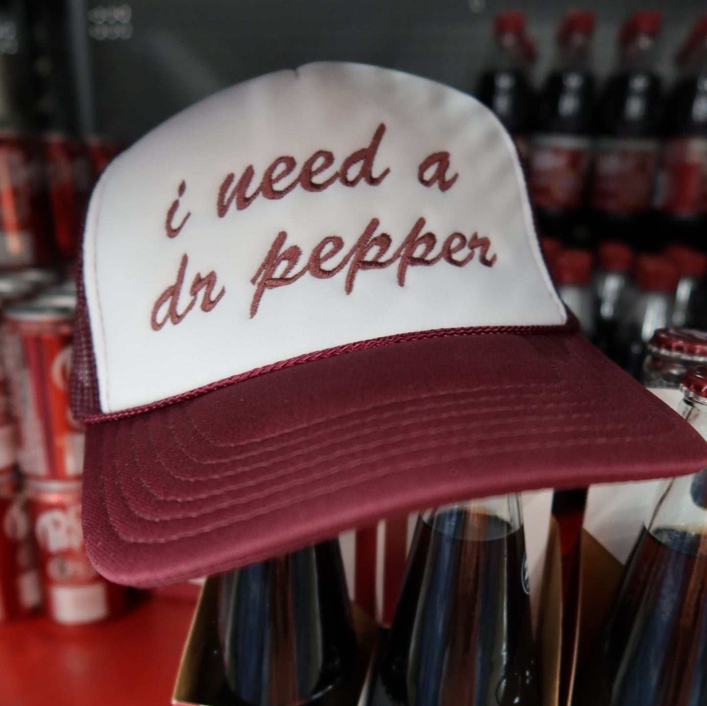 I Need a Dr. Pepper Trucker Hat- Maroon/Ivory