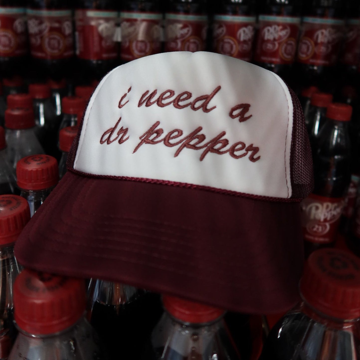 I Need a Dr. Pepper Trucker Hat- Maroon/Ivory