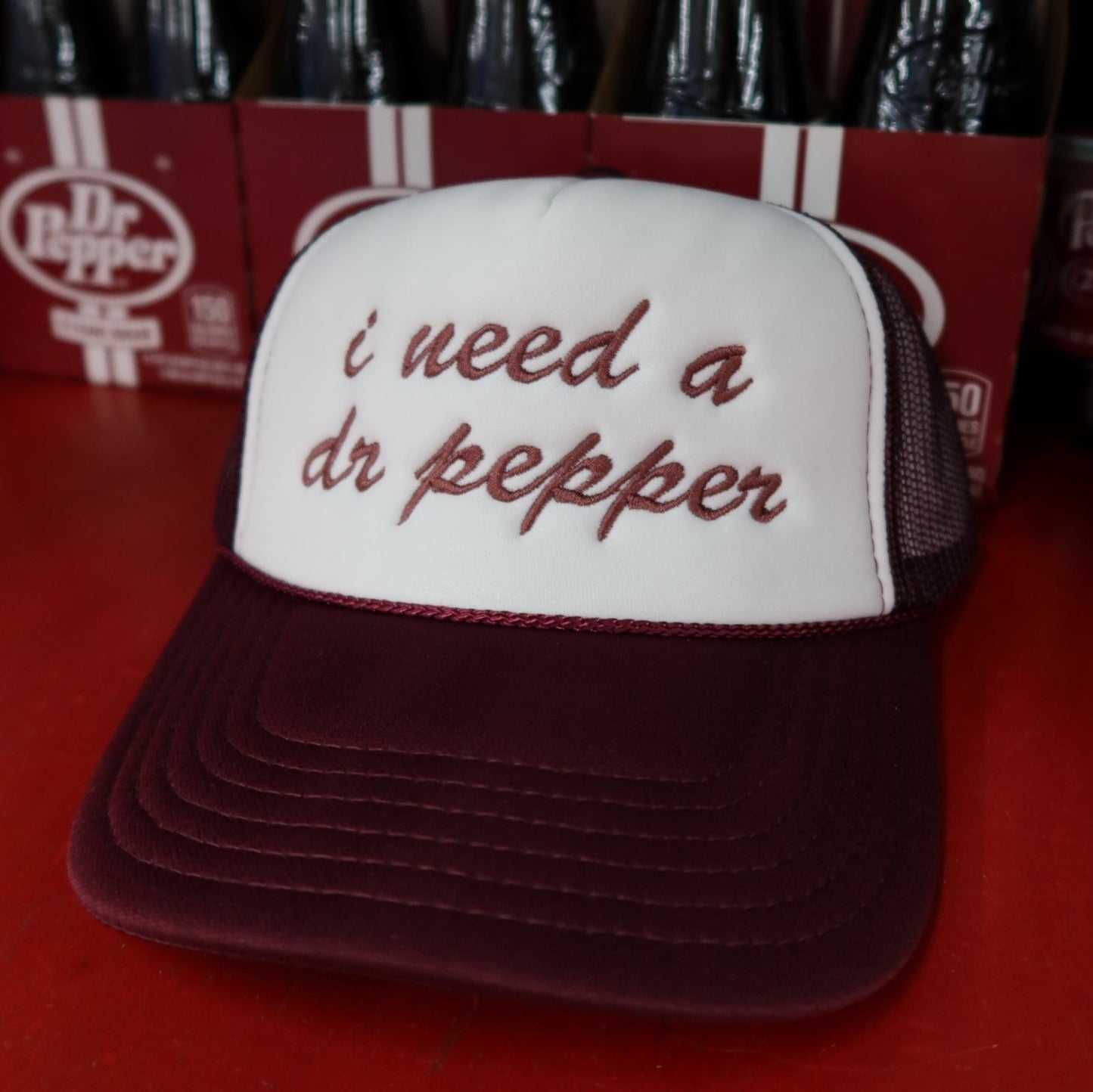 I Need a Dr. Pepper Trucker Hat- Maroon/Ivory