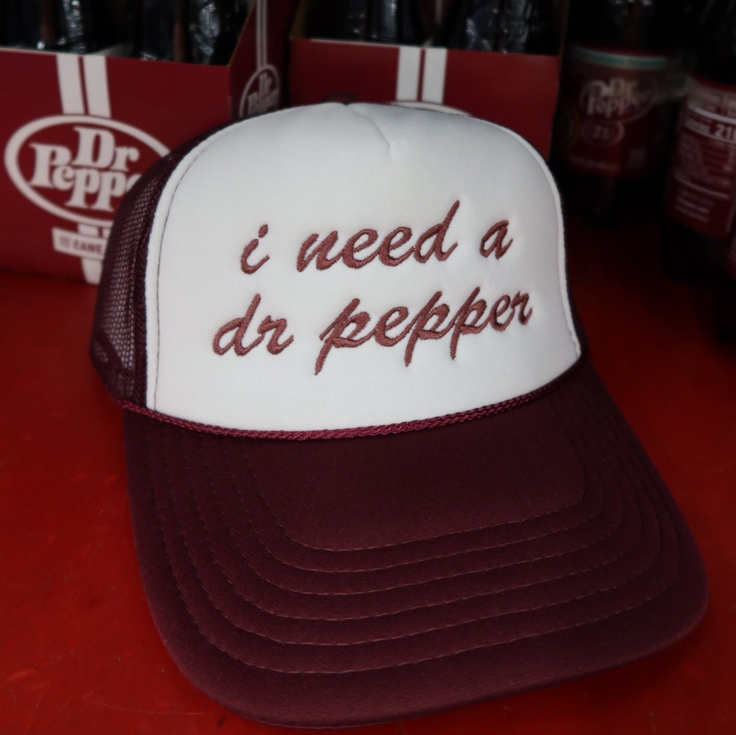 I Need a Dr. Pepper Trucker Hat- Maroon/Ivory