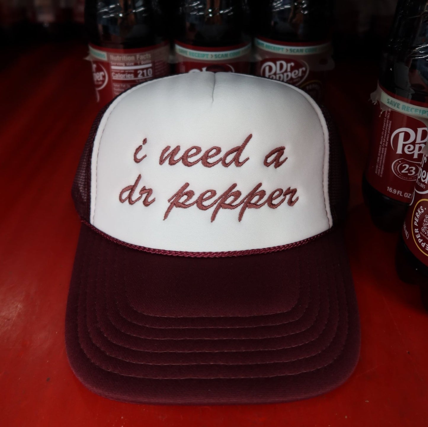 I Need a Dr. Pepper Trucker Hat- Maroon/Ivory