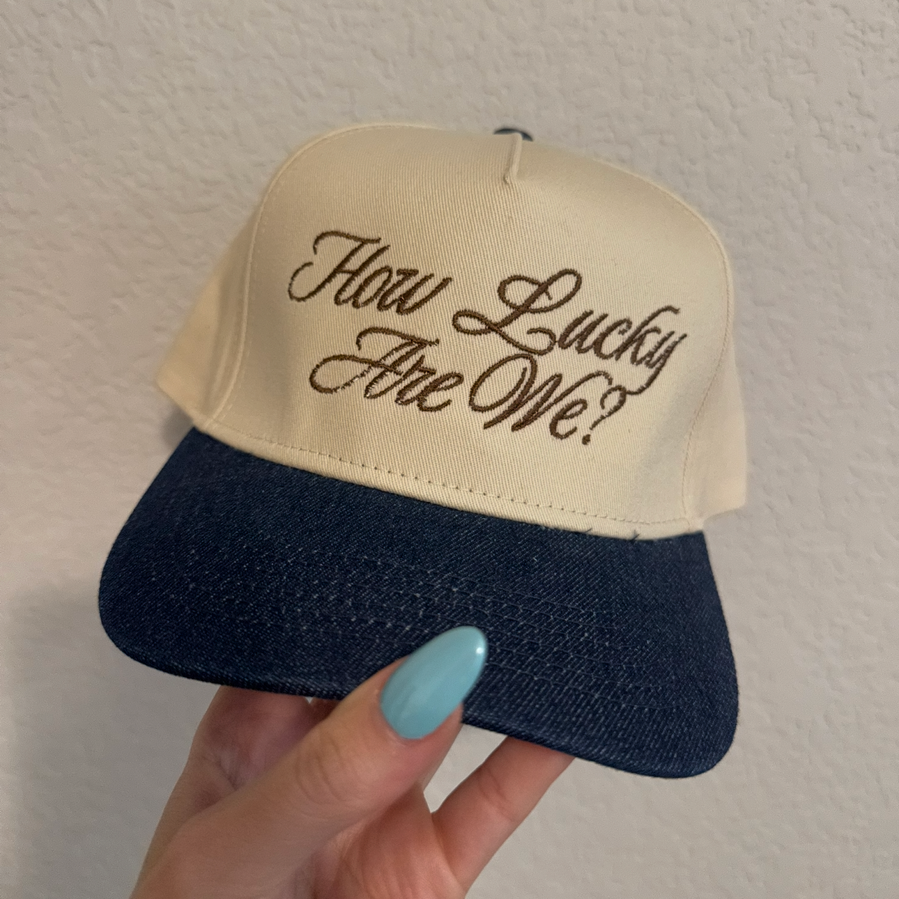 How Lucky Are We? Denim Vintage Trucker Hat (Damaged)