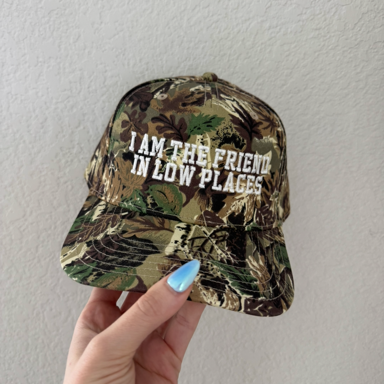 I Am The Friend in Low Places Camo Vintage Trucker Hat