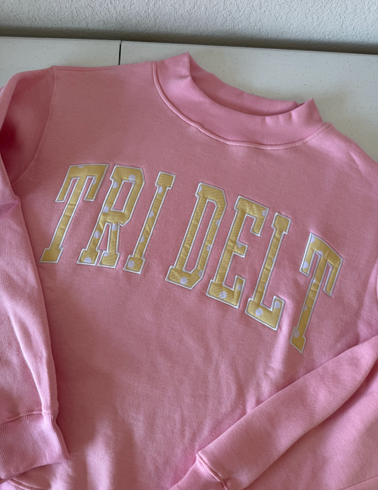 Tri Delt Baby Pink + Butter Yellow/White Polka Dot Mockneck Sweatshirt - L/XL (small flaw)