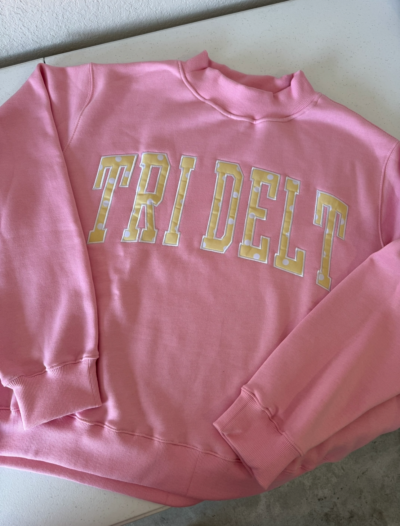 Tri Delt Baby Pink + Butter Yellow/White Polka Dot Mockneck Sweatshirt