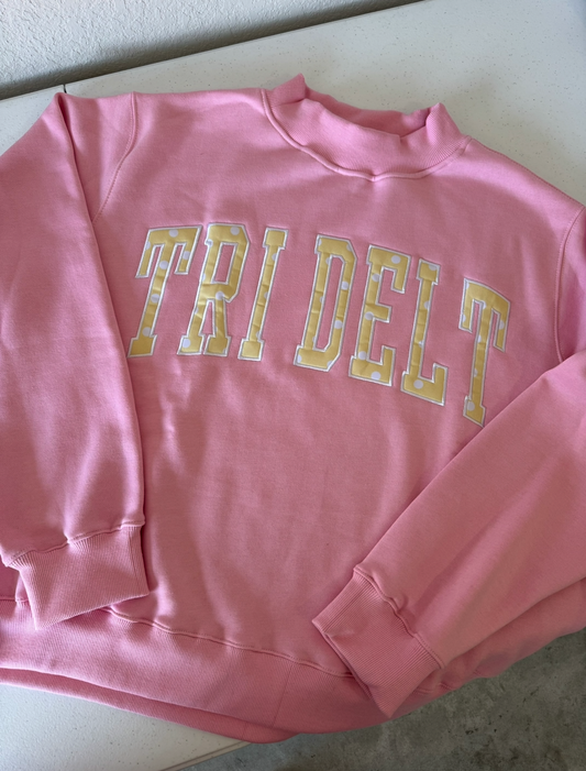 Tri Delt Baby Pink + Butter Yellow/White Polka Dot Mockneck Sweatshirt