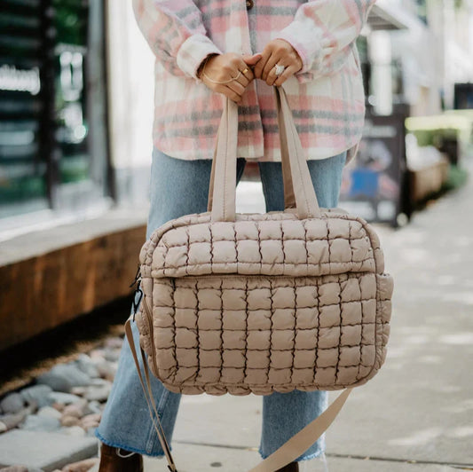 Tan Quilted Duffle Weekender Bag